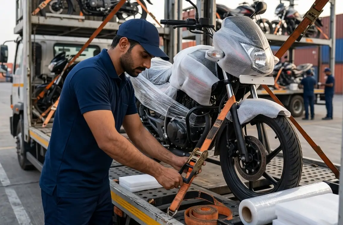 Bike Loading Process for Safe Transportation professional bike transport service loading motorcycle safely for delivery