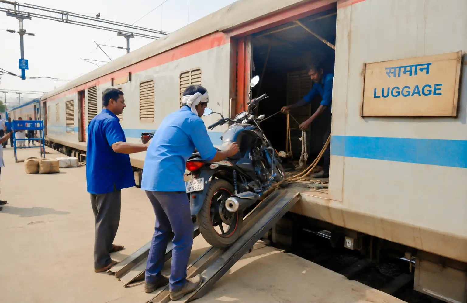 bike transport by train loading motorcycle into railway parcel section